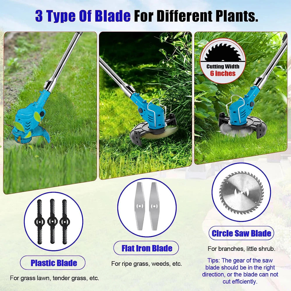 Cordless Rechargeable Handheld Electric String Trimmer (21V, 2000Ah Batter Blue), Scalable,fold,Saw Blade 6 inches