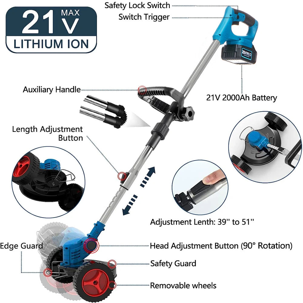 Cordless Rechargeable Handheld Electric String Trimmer (21V, 2000Ah Batter Blue), Scalable,fold,Saw Blade 6 inches